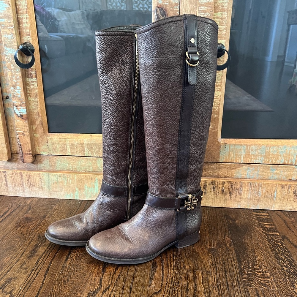 Brown Pebble Leather Tory Burch Tall Riding Boot, Size 7